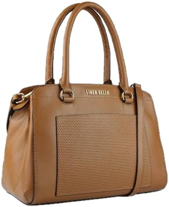Bolsa de couro caramelo com alças duplas e bolso frontal perfurado