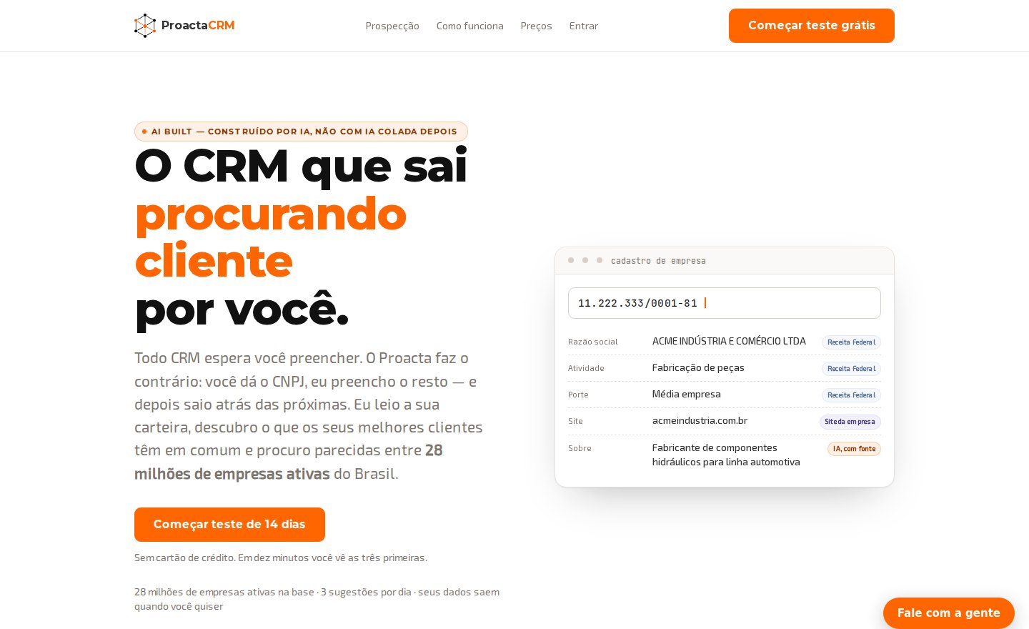 Página inicial do site do Proacta CRM